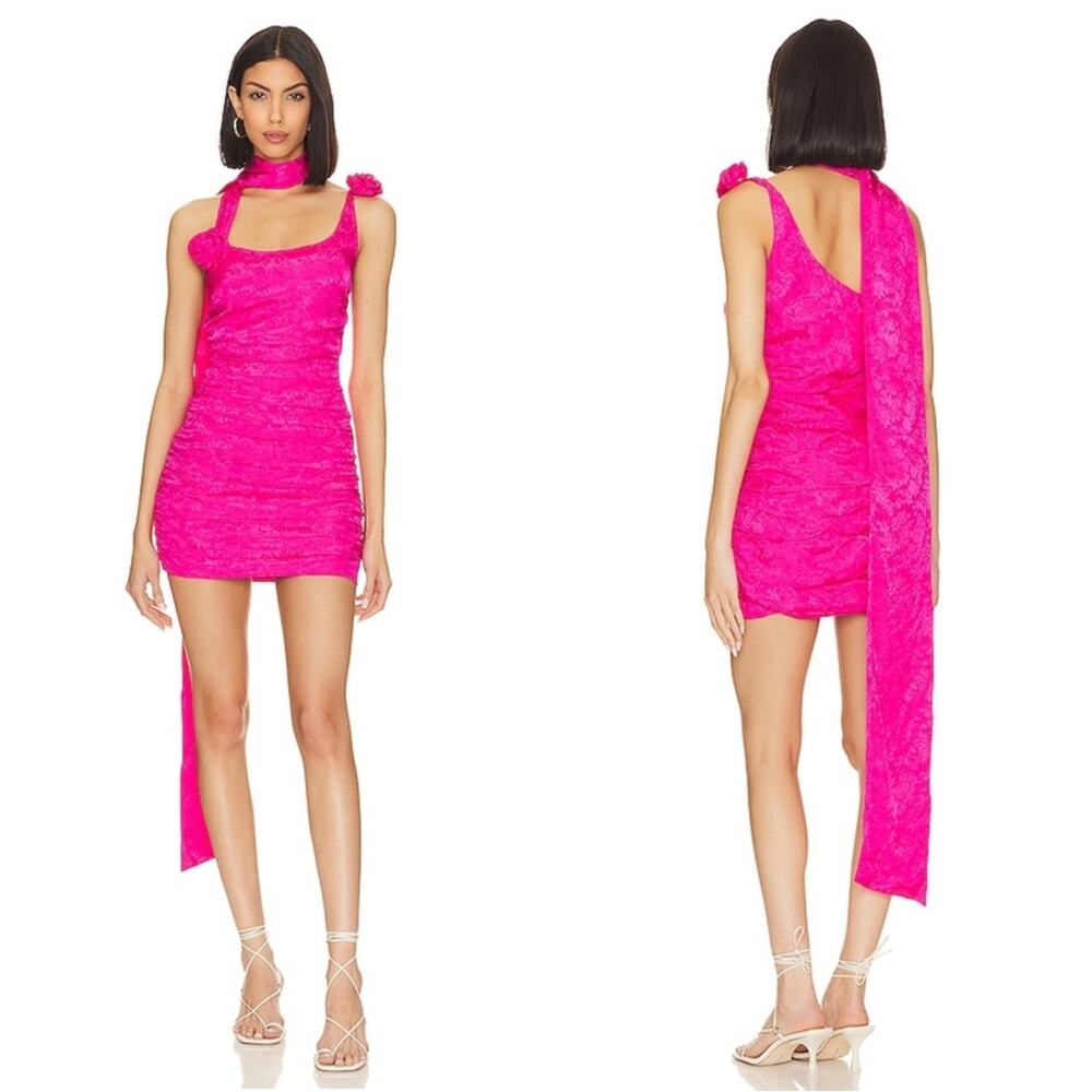FOR LOVE & LEMONS Deliza Floral Neck Tie Ruched Pink Mini Dress Size Small